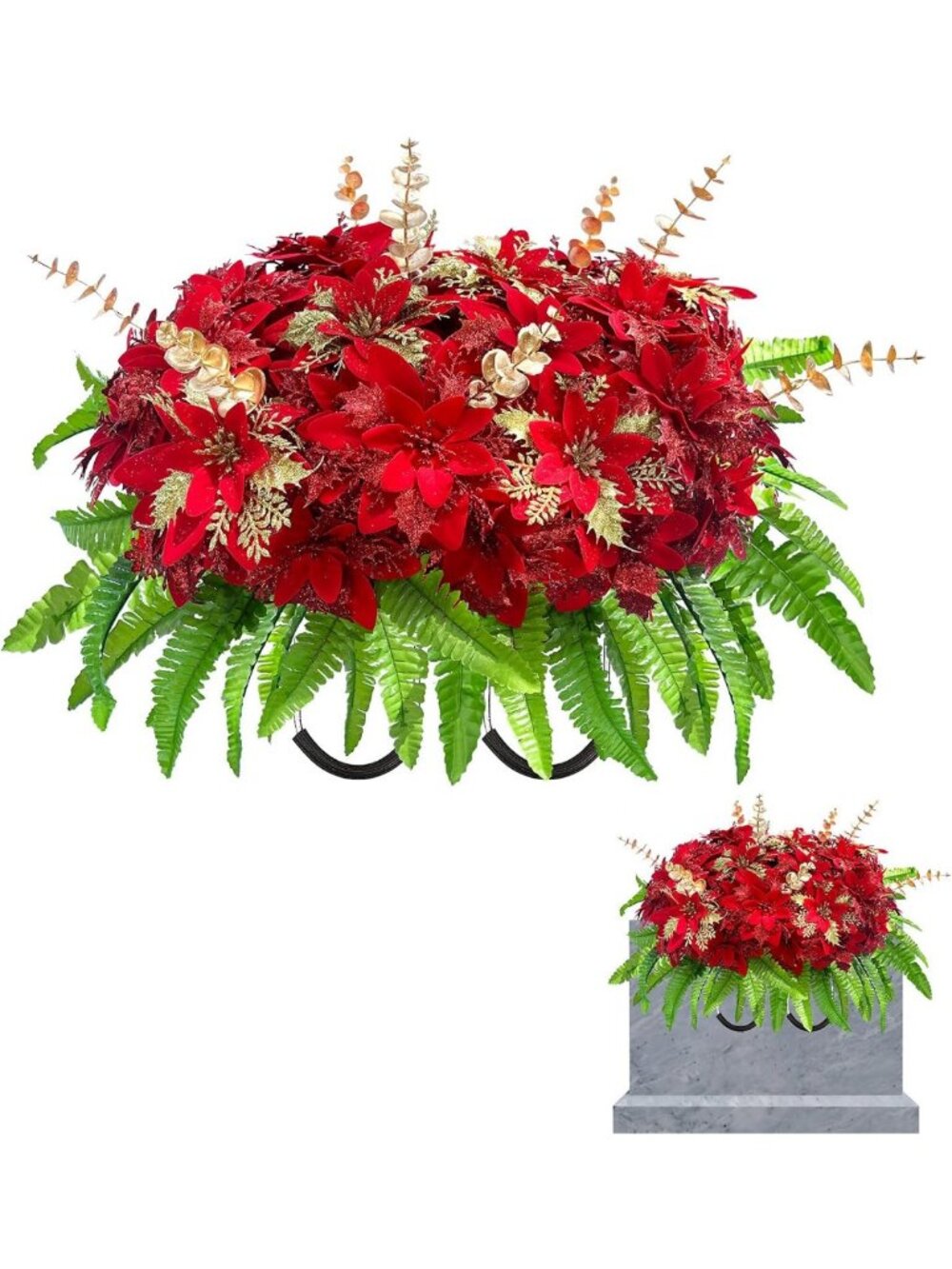Christmas Cemetery Flowers - Artificial Glitter Grave Saddles, Red Gold